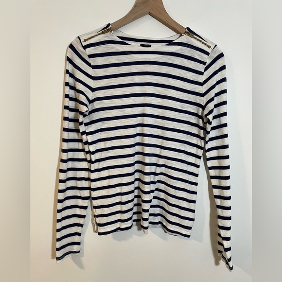 J. Crew Navy Striped Long Sleeve Shirt Zip-up Shoulders Size Small Lightweight - Picture 1 of 11